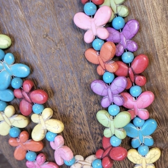 Double Strand Distressed Rainbow Butterfly Stone Beaded Necklace w/ Extender - Picture 4 of 12